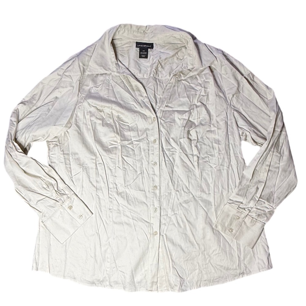 Lane Bryant Button Down Shirt Collared Long Sleeve Career Top Beige Plus Size 22